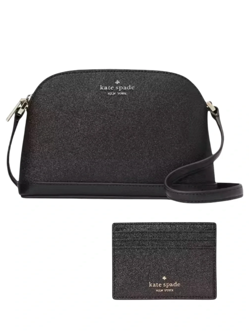 Kate Spade New Set - Black Glitter Tinsel Small Dome Crossbody Bag & Cardholder